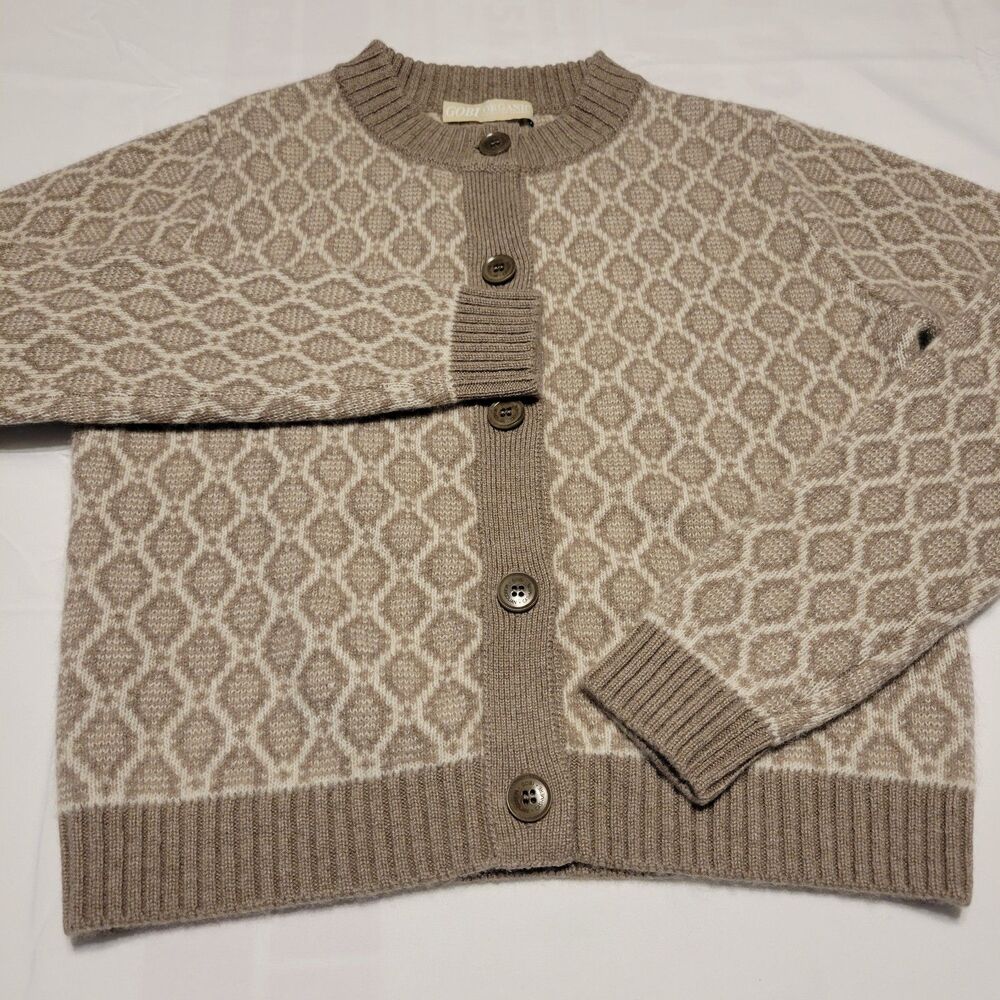 Gobi Organic Cashmere Cardigan Sweater  Beige Cream Geometric Patern Button Up M